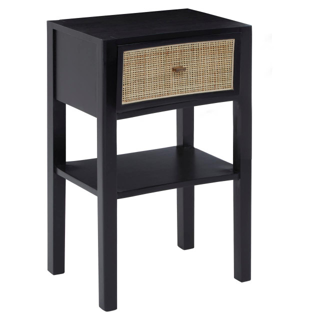 Premier Housewares Corso Black Bedside Table With Rattan Drawer