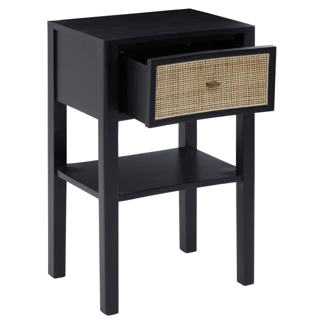 Premier Housewares Corso Black Bedside Table With Rattan Drawer