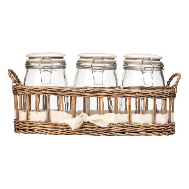 Premier Housewares Country Cottage Set Of 3 Glass Jars In A Basket