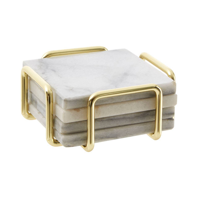 Premier Housewares Delphine Set Of 4 White Marble Coasters With Brass Finish Holder
