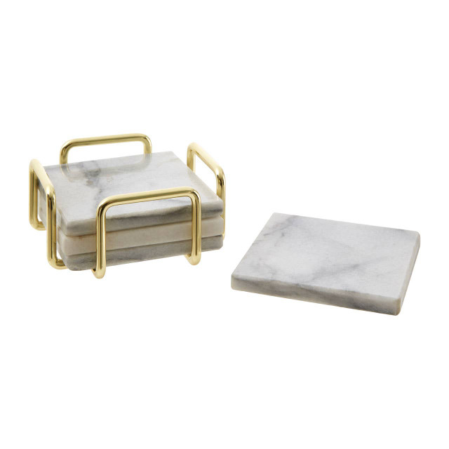Premier Housewares Delphine Set Of 4 White Marble Coasters With Brass Finish Holder