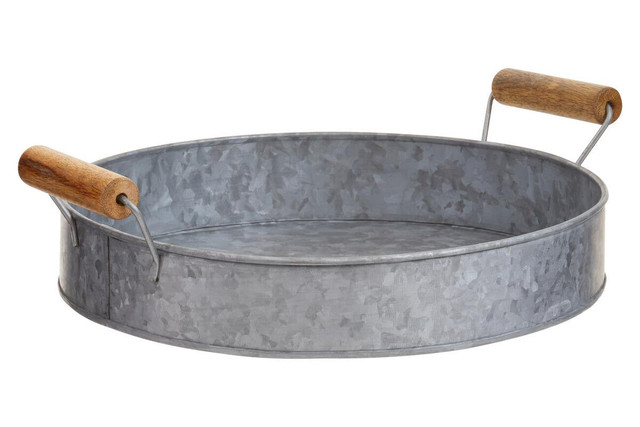 premier housewares Drummond Round Galvanised Steel Tray With Wood Handles