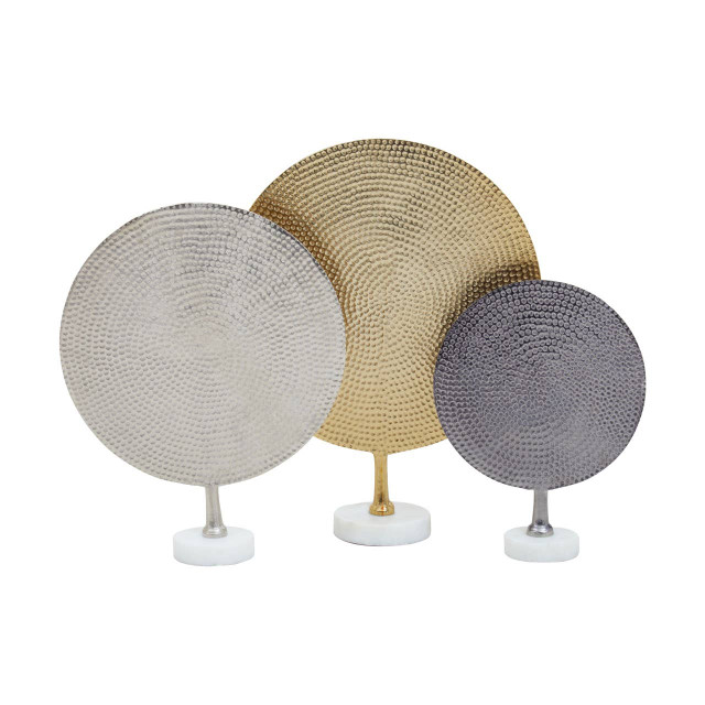 premier housewares Elias Set Of 3 Hammered Metal Disc Sculptures with Marble Base