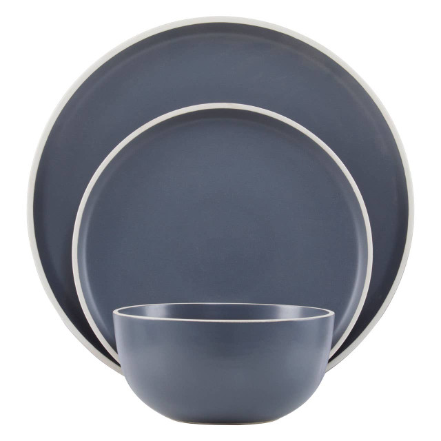 Premier Housewares Elmira Twelve Piece Grey Stoneware Dinner Set With White Rim