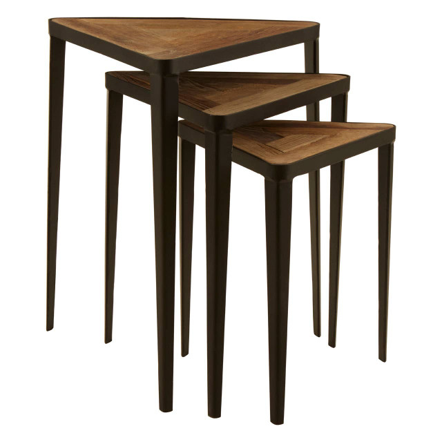 Premier Housewares Elmo Elm Wood And Iron Set Of 3 Triangular Tables