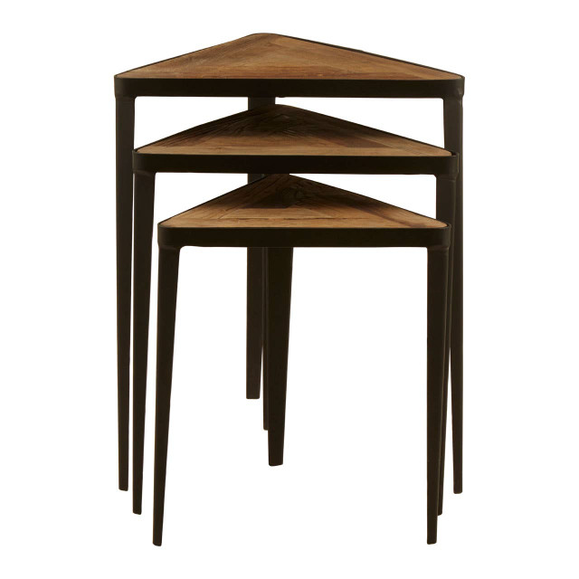 premier housewares Elmo Elm Wood and Iron Set Of 3 Triangular Tables