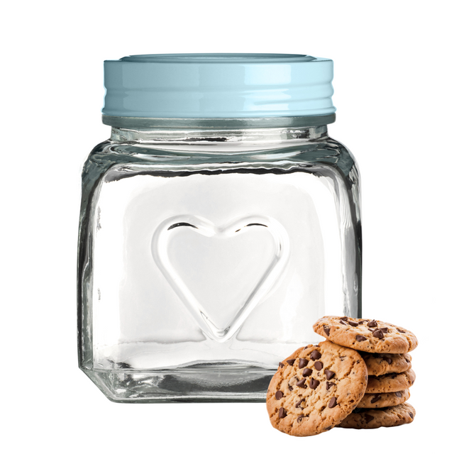 Premier Housewares Embossed Heart 900ml Glass Jar With Aqua Blue Lid