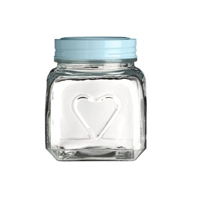 premier housewares Embossed Heart 900ml Glass Jar with Aqua Blue Lid