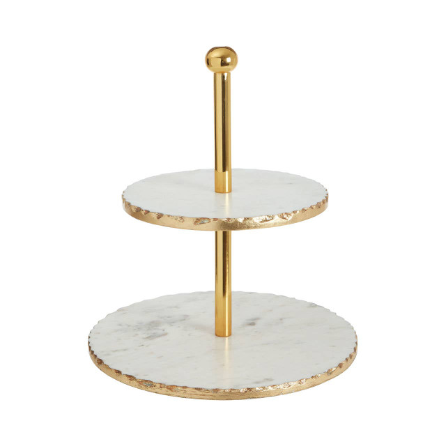 Premier Housewares Empire 2 Tier White Marble And Gold Finish Cake Stand