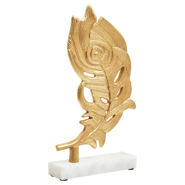 Premier Housewares Evra Gold Peacock Feather Sculpture On White Marble Base