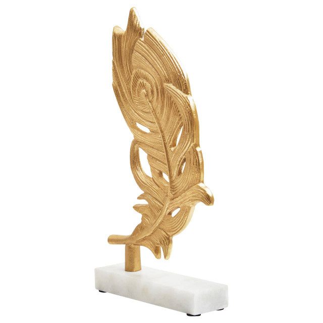 Premier Housewares Evra Gold Peacock Feather Sculpture On White Marble Base