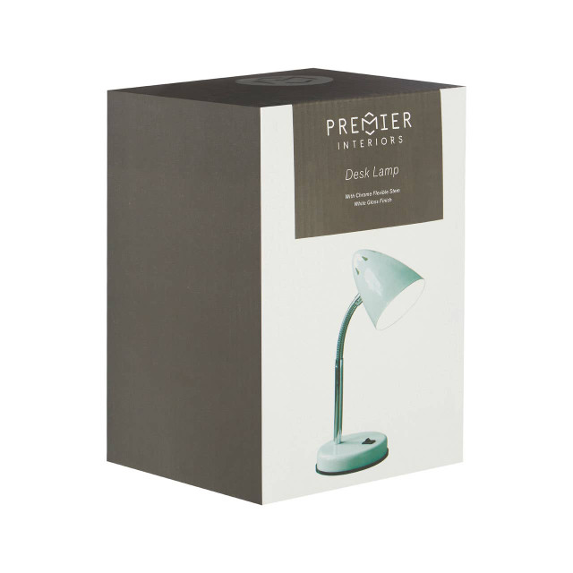 Premier Housewares Flexi White Metal And Chrome Desk Lamp With EU Plug