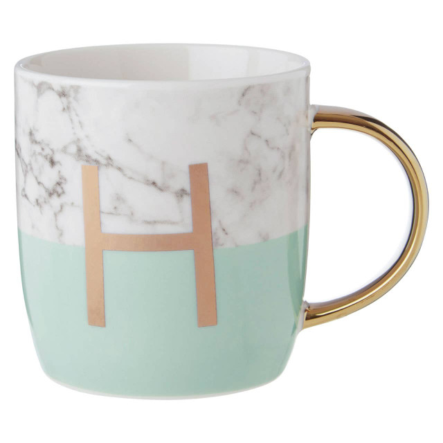 premier housewares Frosted Deco Marble Effect and Pastel Green Monogram Mug H