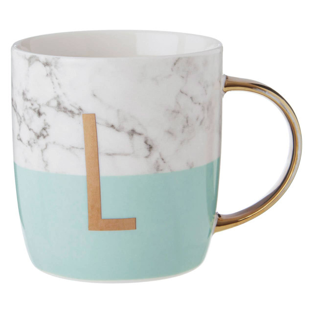 Premier Housewares Frosted Deco Marble Effect And Pastel Green Monogram Mug L