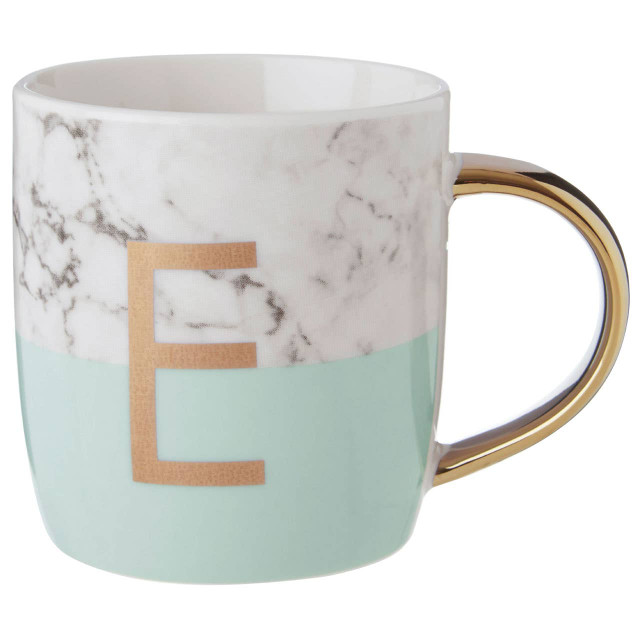 Premier Housewares Frosted Deco Marble Effect And Pastel Green Monogram Mug E