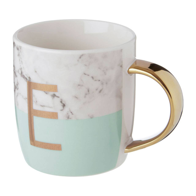 Premier Housewares Frosted Deco Marble Effect And Pastel Green Monogram Mug E