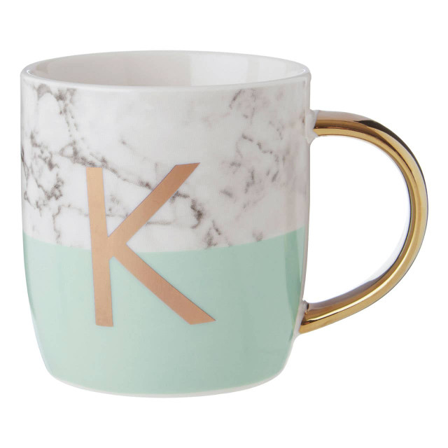 Premier Housewares Frosted Deco Marble Effect And Pastel Green Monogram Mug K