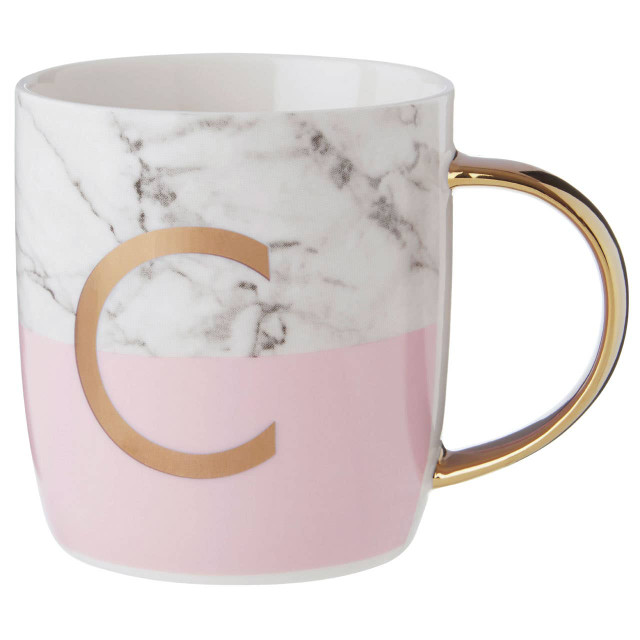 Premier Housewares Frosted Deco Marble Effect And Pink Monogram Mug C