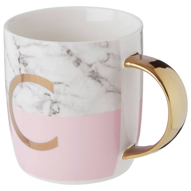 Premier Housewares Frosted Deco Marble Effect And Pink Monogram Mug C