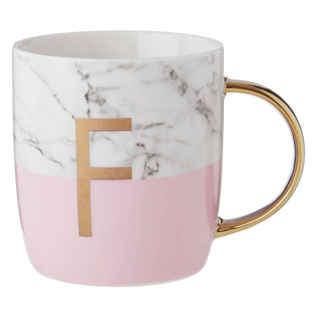 Premier Housewares Frosted Deco Marble Effect And Pink Monogram Mug F