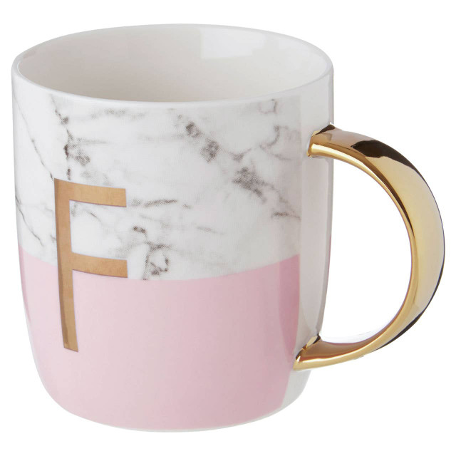 Premier Housewares Frosted Deco Marble Effect And Pink Monogram Mug F