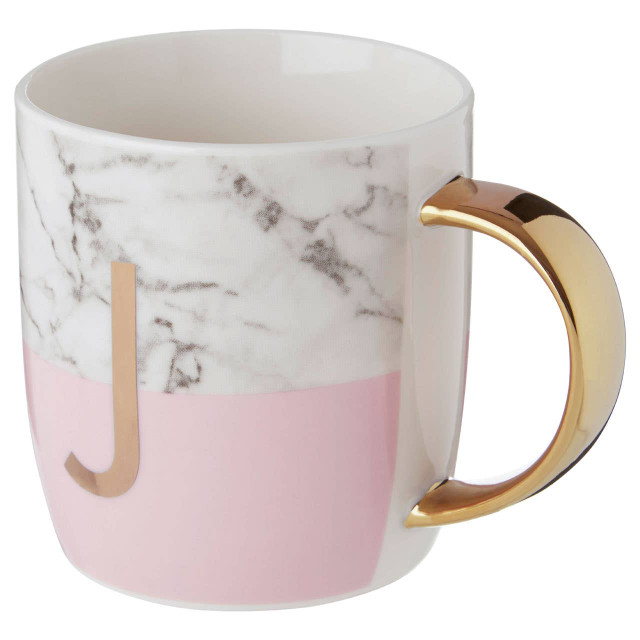 Premier Housewares Frosted Deco Marble Effect And Pink Monogram Mug J