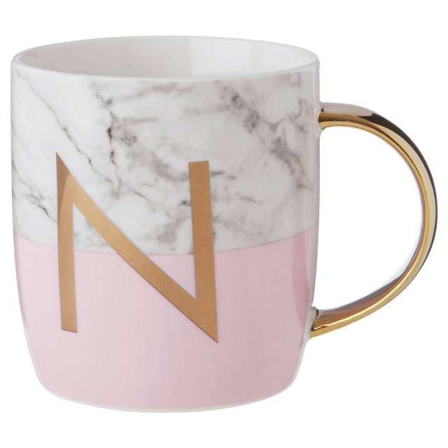 Premier Housewares Frosted Deco Marble Effect And Pink Monogram Mug N
