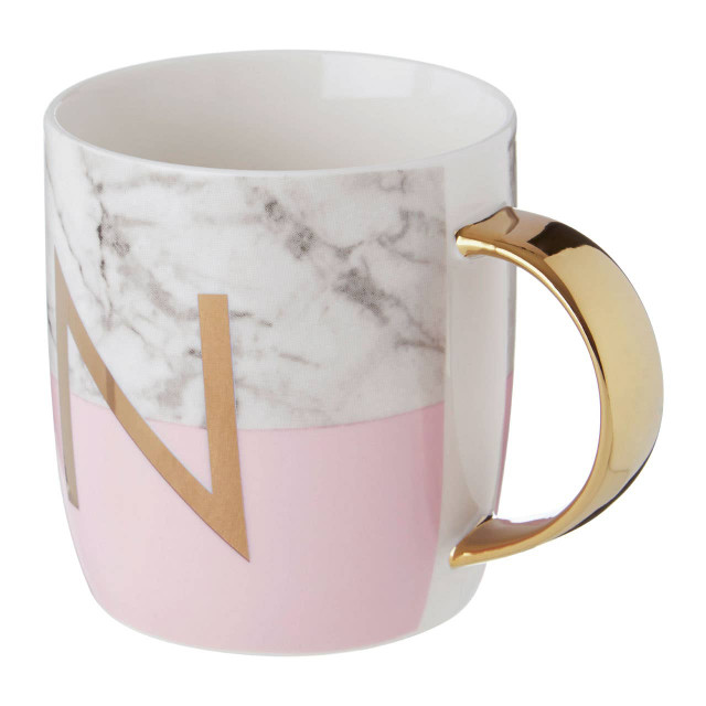 Premier Housewares Frosted Deco Marble Effect And Pink Monogram Mug N