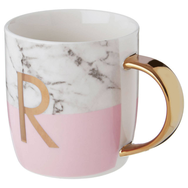 Premier Housewares Frosted Deco Marble Effect And Pink Monogram Mug R