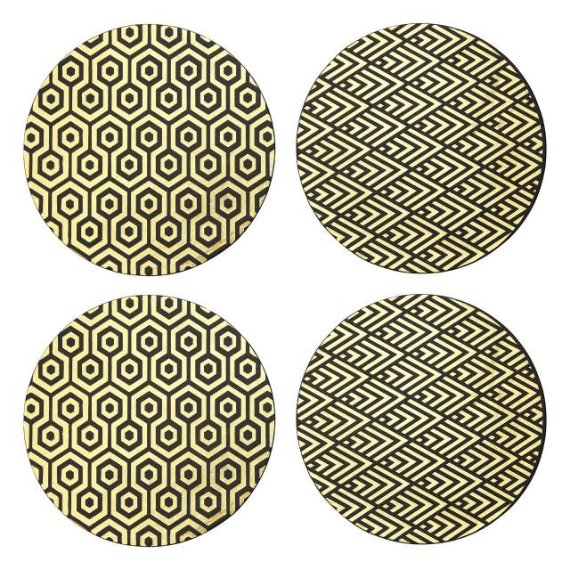 premier housewares Geome Set of 4 Leather Effect Black and Gold Deco Placements