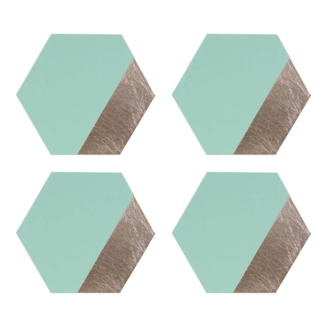 Premier Housewares Geome Set Of 4 Leather Effect Dipped Jade And Silver Hexagon Placements
