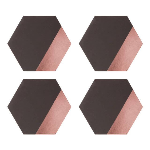 Premier Housewares Geome Set Of 4 Leather Effect Grey And Rose Gold Hexagon Placements