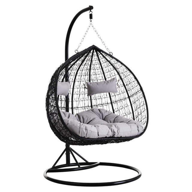 Premier Housewares Goa Black Rattan Effect Double Hanging Chair With Grey Cushions