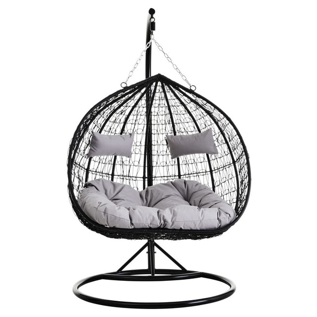 Premier Housewares Goa Black Rattan Effect Double Hanging Chair With Grey Cushions