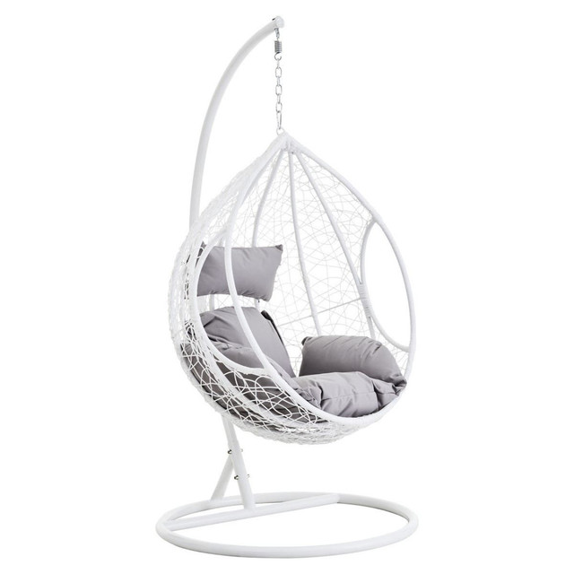 Premier Housewares Goa White Rattan Effect Hanging Chair With Grey Cushions
