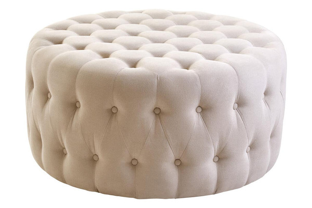 Premier Housewares Haley Beige Velvet Round Tufted Footstool
