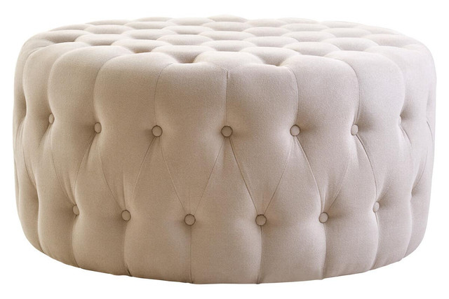 Premier Housewares Haley Beige Velvet Round Tufted Footstool