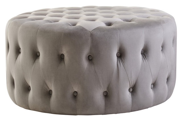 Premier Housewares Haley Grey Velvet Round Tufted Footstool