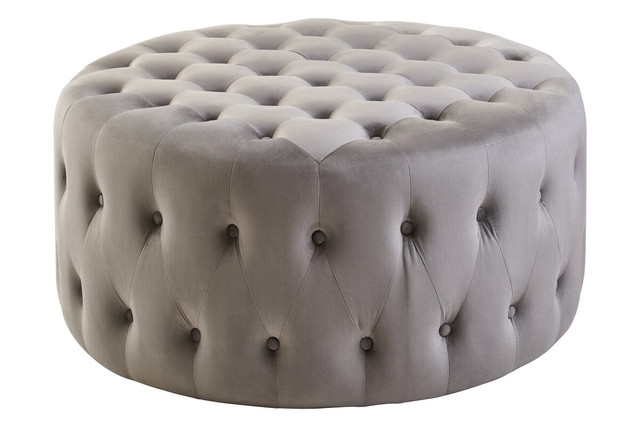 premier housewares Haley Grey Velvet Round Tufted Footstool