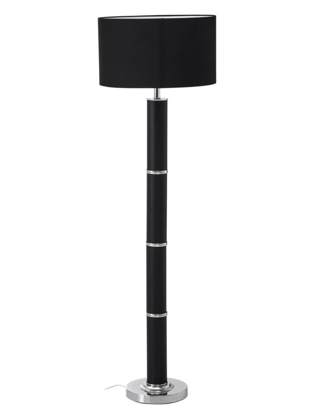 premier housewares Hanah Black Snake Leather Effect Floor Lamp with Chrome Base and Black Shade