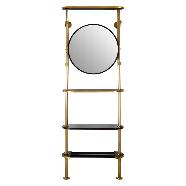 Premier Housewares Hawkes Antique Brass Mirror With Coat Hooks And Shelves