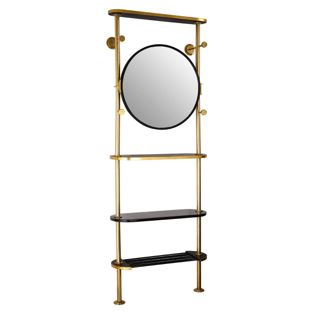 Premier Housewares Hawkes Antique Brass Mirror With Coat Hooks And Shelves