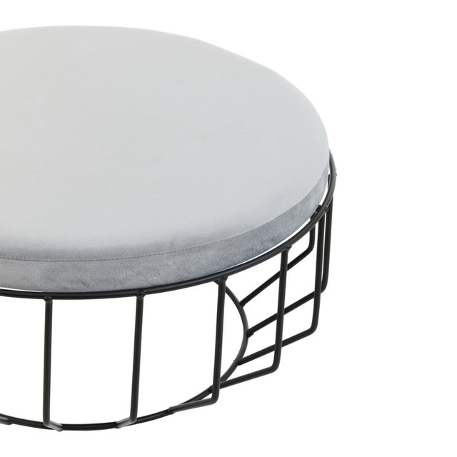 Premier Housewares Hayes Round Grey Velvet And Black Metal Large Footstool