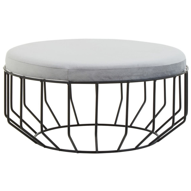 premier housewares Hayes Round Grey Velvet and Black Metal Large Footstool