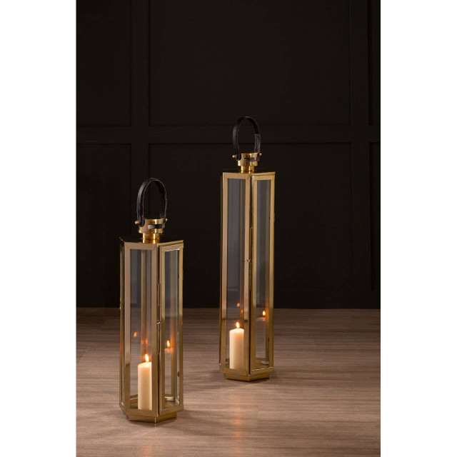 Premier Housewares Herber Large Gold Finish Lantern With Hair On Leather Handle