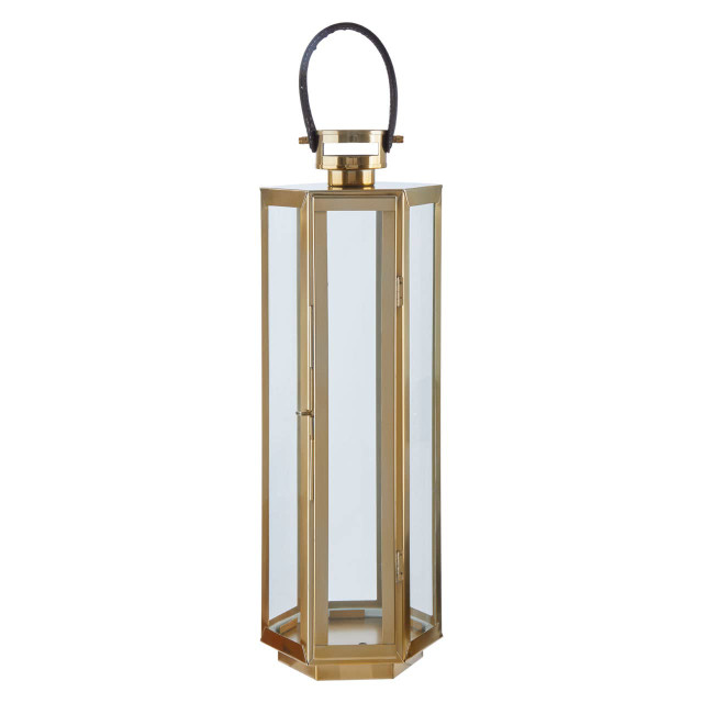 premier housewares Herber Medium Gold Finish Lantern with Hair on Leather Handle