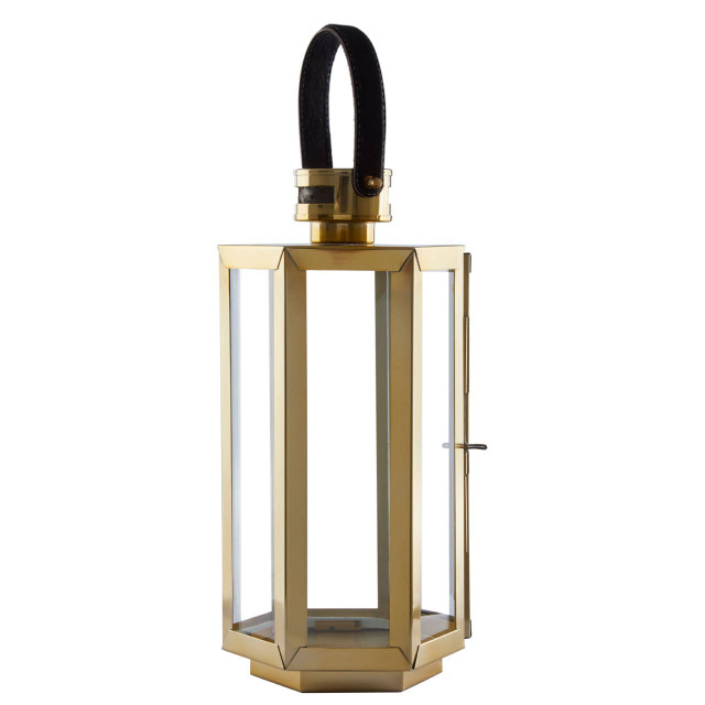 premier housewares Herber Small Gold Finish Lantern with Hair on Leather Handle