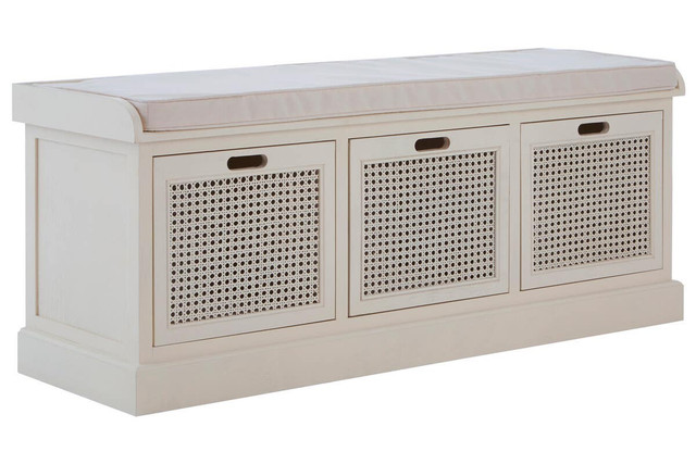 premier housewares Heritage Antique White Three Drawer Storage Bench with Cushion