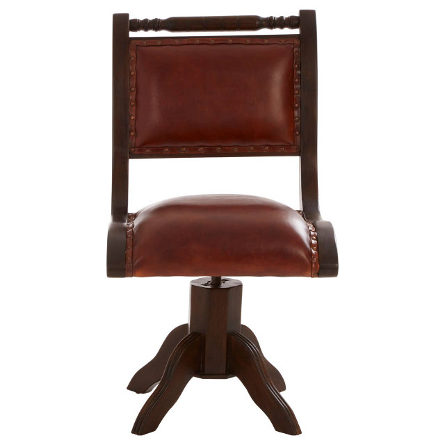 Premier Housewares Inca Brown Leather And Teak Wood Swivel Chair