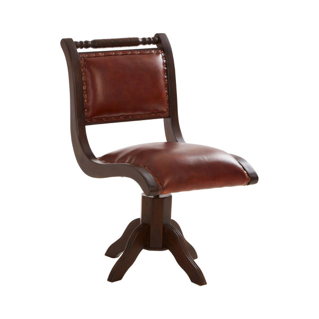 premier housewares Inca Brown Leather and Teak Wood Swivel Chair